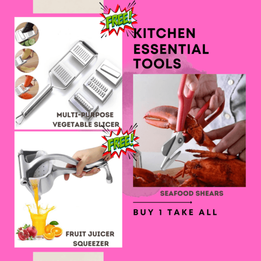 1x Seafood Shears + 1x Vegetable Slicer + 1x Fruit Juicer Bundle 1x Seafood Shears + 1x Vegetable Slicer + 1x Fruit Juicer Bundle